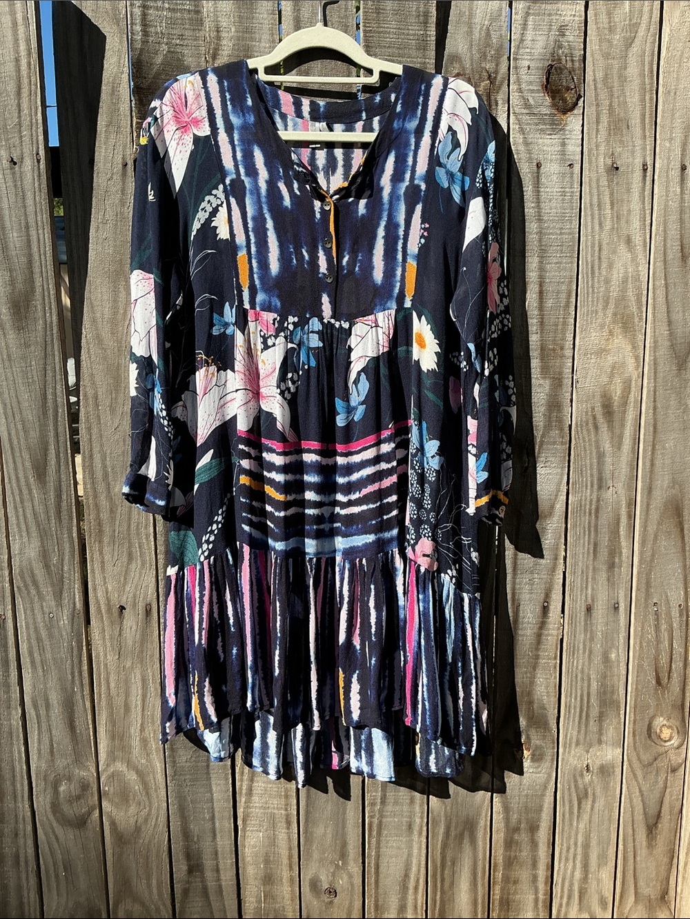 Floral Navy High-Low Tiered Dress with Button Front
